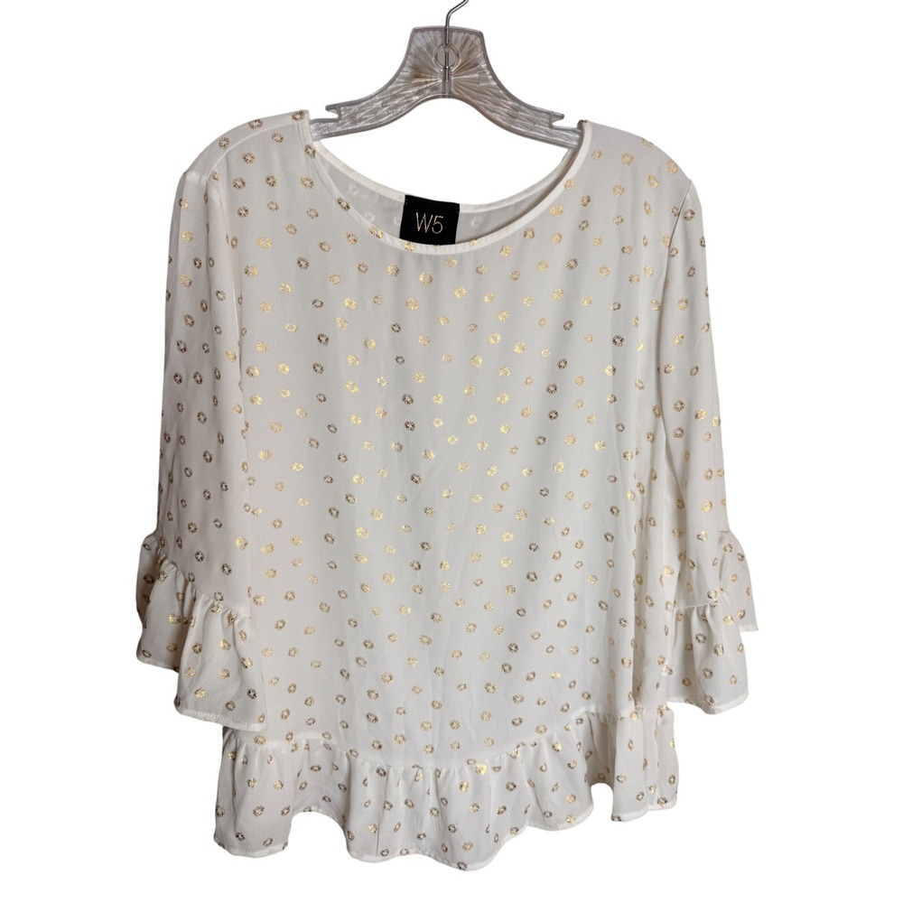 W5 Ruffle Blouse Womens XL Cream Gold Polyester Metallic Boho Top 12339BDG